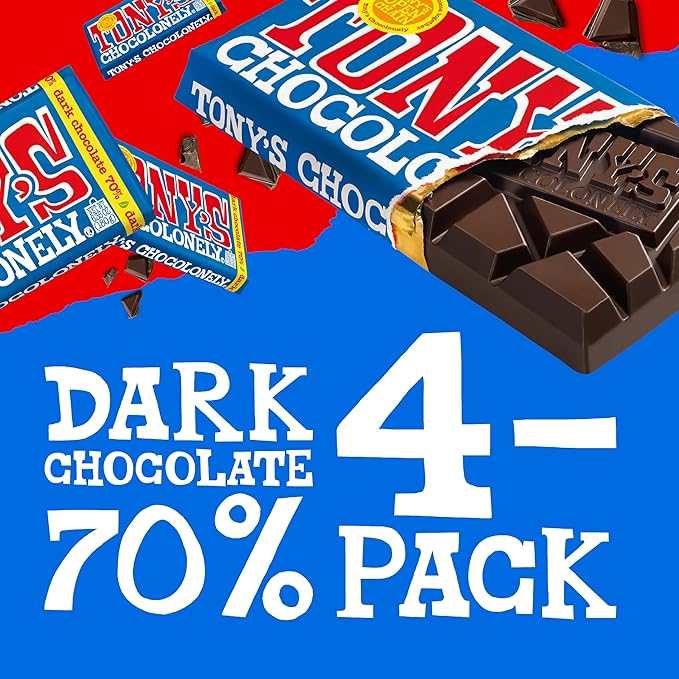 Tony's Chocolonely 70% Dark Chocolate Bar - Dark Belgium Chocolate, No Artificial Flavoring, Fairtrade & B Corp Certified - 6.35 Oz, 4 Bars