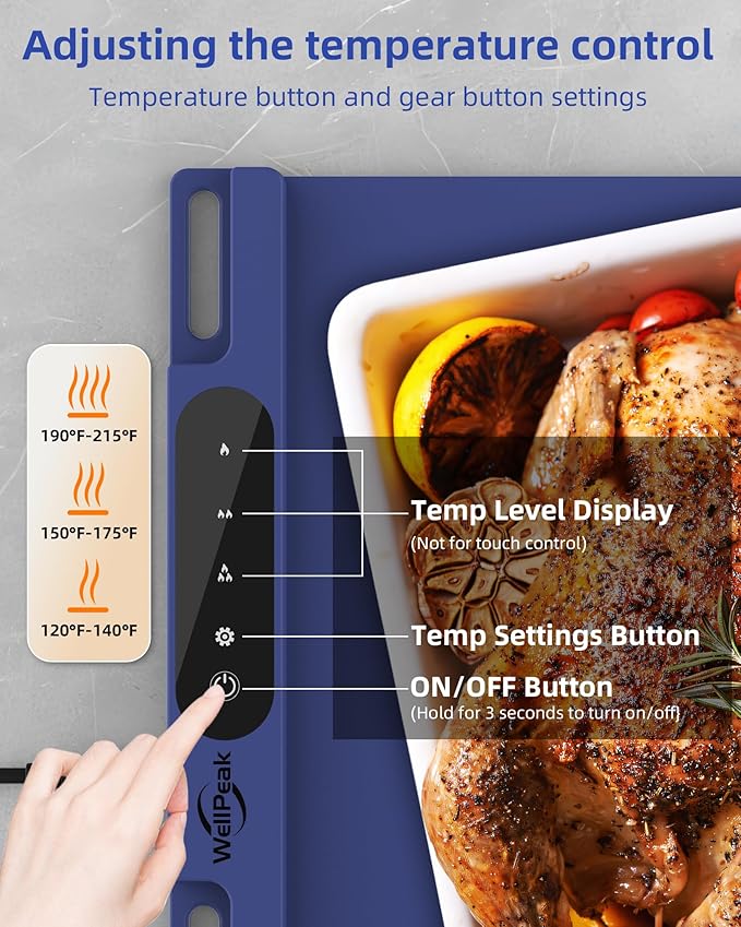 Electric Warming Mat for Food - Full Surface Fast Heating Silicone Tray with 3-Level Temperature, Auto-Off, Raised Feet for Table Protection, Versatile Warmer for Gatherings, Party, Home Buffet, Blue