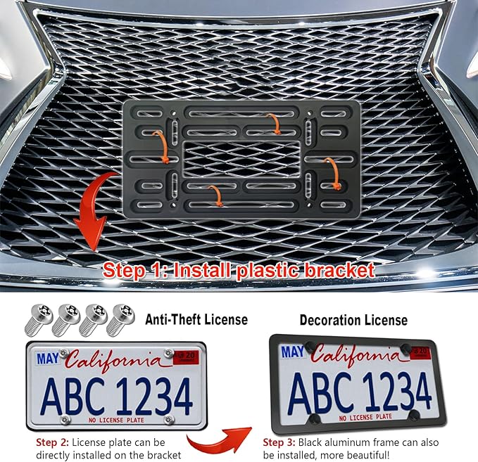 BGGTMO Front License Plate Mounting Kit- Universal License Plate Bracket & Black Aluminum Car Tag Frame for 2 Drill Hole Front Bumper, Adapter Holder with Anti-Theft Screws Bolts Caps Cover Fastener