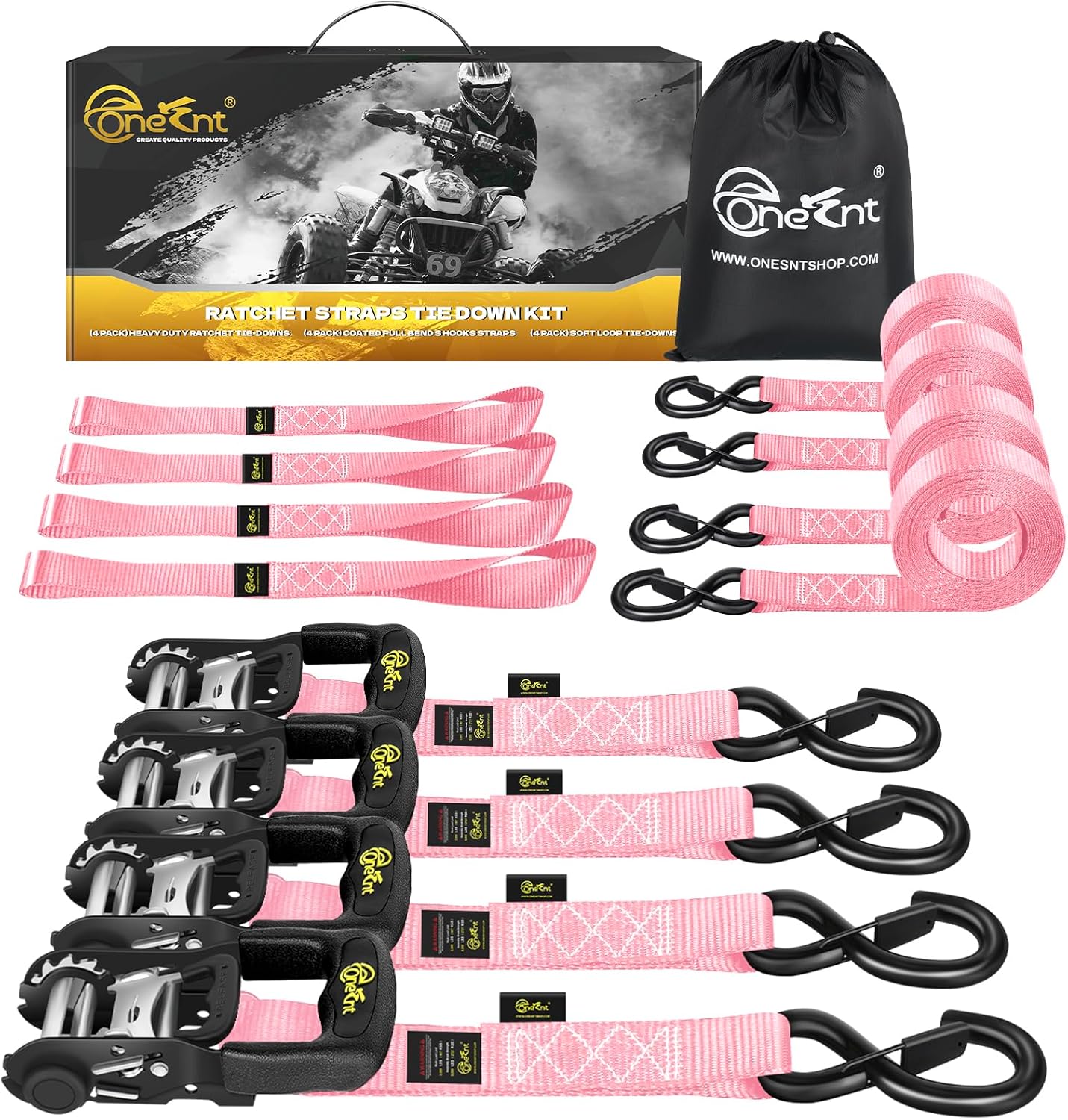 4Pcs Heavy Duty Ratchet Straps-1.6”x16ft Ratchet Strap Tie Down Kit with Padded Handles+Coated S Hooks+Soft Loop Tie-Downs-6000 Pound Break Strength（Pink）
