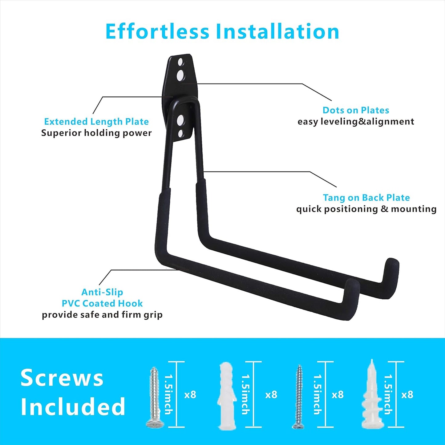 Garage Hooks, 4 Pack Wall Mount Storage Hanger with 2 Extension Cord Holder Organizer, Heavy-Duty 7.5 inch Long Hooks for Ladder, Ski, Sports, Utility, Garden Tool, Hose Storage Rack Organizer