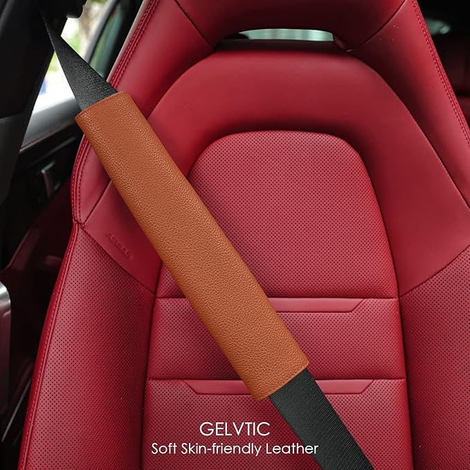 Car Seat Belt Covers for Adults Soft Leather Safety Seatbelt Shoulder Pad Neck Cushion Protector Comfortable Driving Car Accessories Truck SUV Airplane Backpack (SC01Brown-12.4in-2Pack)