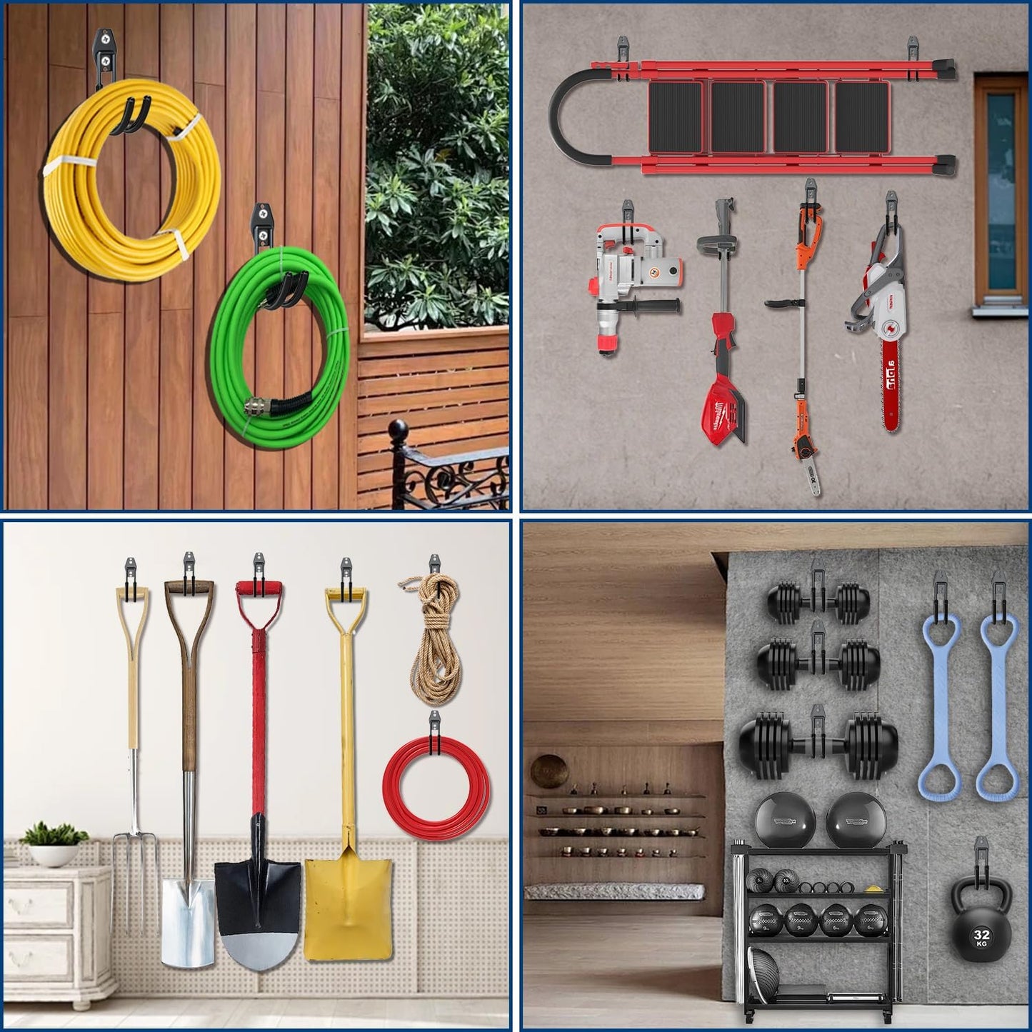 3-H Garden Hose Holder Wall Mount 4 Pack,Solid Steel Hose Hanger,Water Hose Holders for Outside,Perfect for Hanging Outdoor Air Hose,Ropes,Pipes,Garden Tools,Ladders,Bikes,Bulk Items(Black)