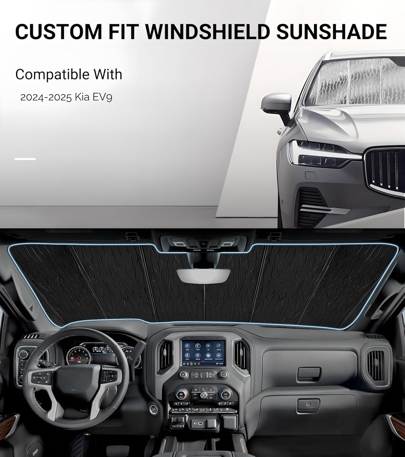 Windshield Sun Shade for Kia EV9 2024-2025,Front Window Sunshade Shield, 2-in-1 Reflective Sun Shade,Silver for Summer, Black for Winter