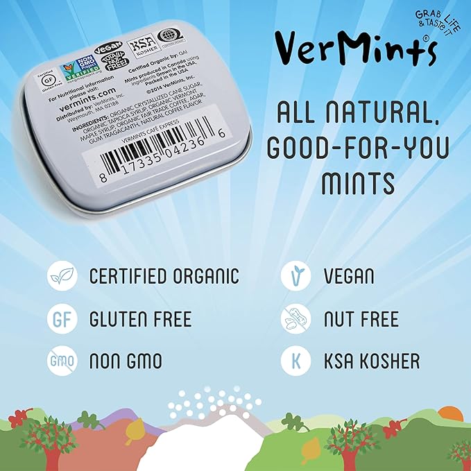 VerMints Organic Breath Mints Café Express - Real Ingredients, Lasting Coffee Flavor - Travel Size Tins - Non-GMO, Nut Free, Gluten Free, Vegan & Kosher Coffee Candy - .63oz/18g (Pack of 12)