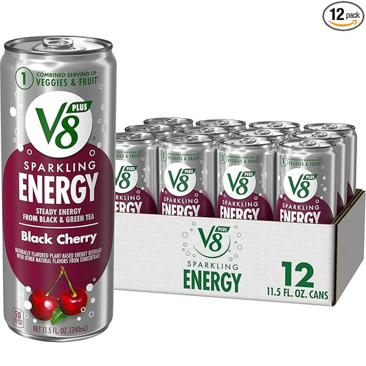 V8 +Energy Sparkling Black Cherry Juice Energy Drink, 11.5 fl oz Can (12 Pack)