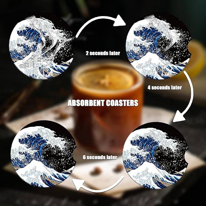 Car Cup Holder Coaster - Black Ocean Wave Absorbent Ceramic Coaster 2 Pack, Car Coasters for Cup Holders, Fashion Car Interior Accessories Drink Coaster for Women & Men