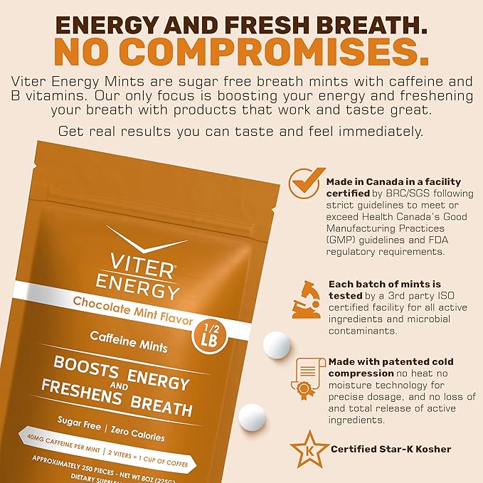 Viter Energy 40mg Caffeine Mints - Sugar Free, B Vitamins, Vegan, Boosts Fast Energized Alert Focus, Caffeinated Nootropic Supplement Pills (Chocolate Mint Flavor, 8oz, Bulk Bag)