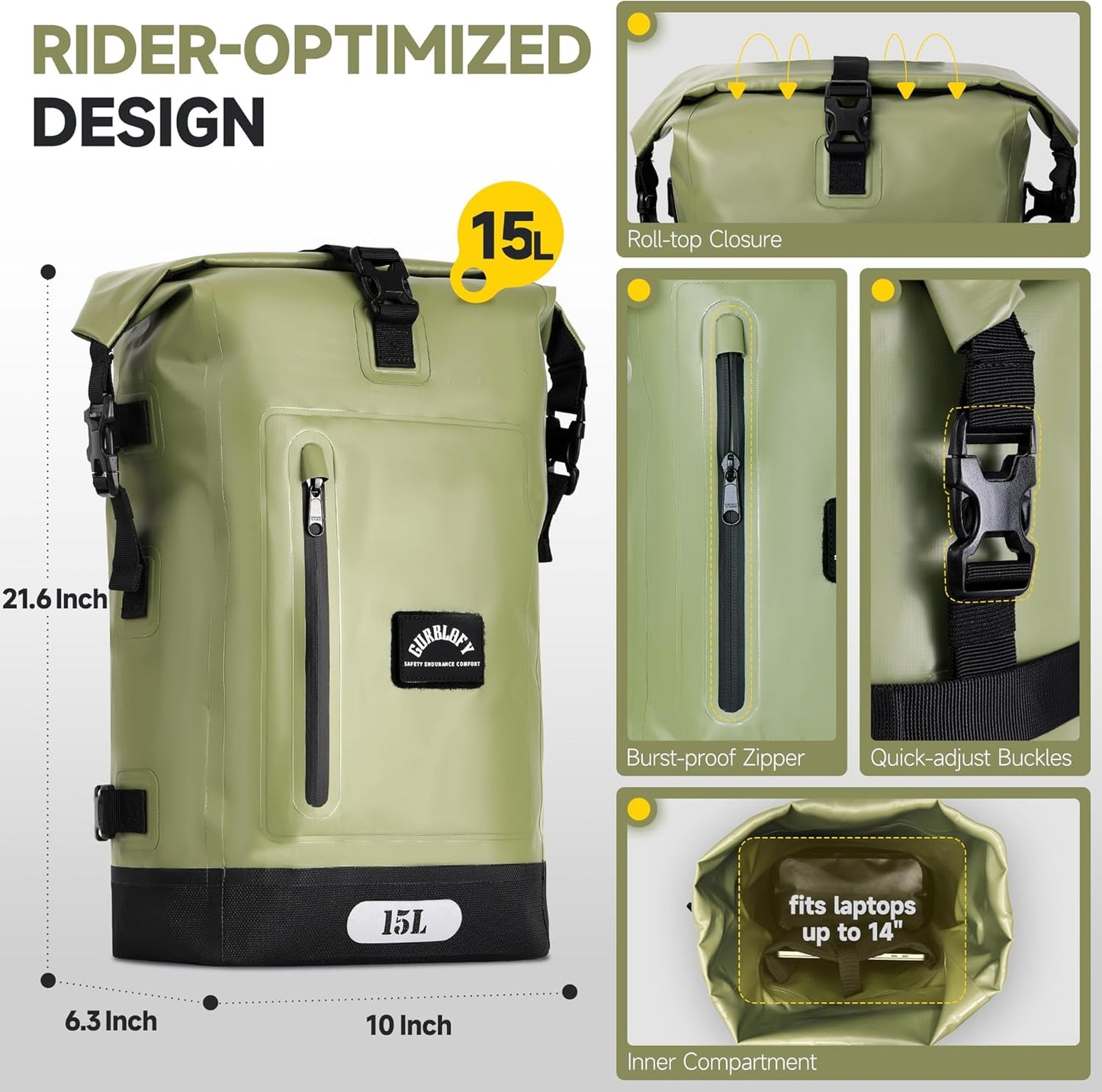 Motorcycle Saddle Bag, 15L Waterproof Motorcycle Tail Bag, 2 Size and 3 Color Options Travel Bag, PVC Bag, Rear Seat Bag, Backpack Field Green GT-15GN