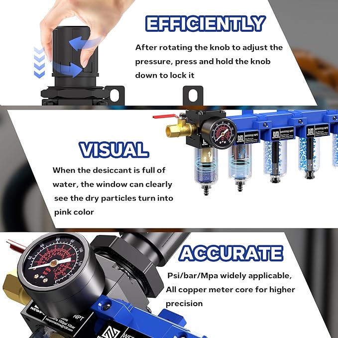 NEWPO 1/4" NPT 5 Stage Air Dryer for Compressor,Brass Filter&Coalescing Filter,Triple Desiccant Dryer and Air Regulator,Air Compressor Water Separator System with Metal Bowl Semi-Auto Drain (Blue)