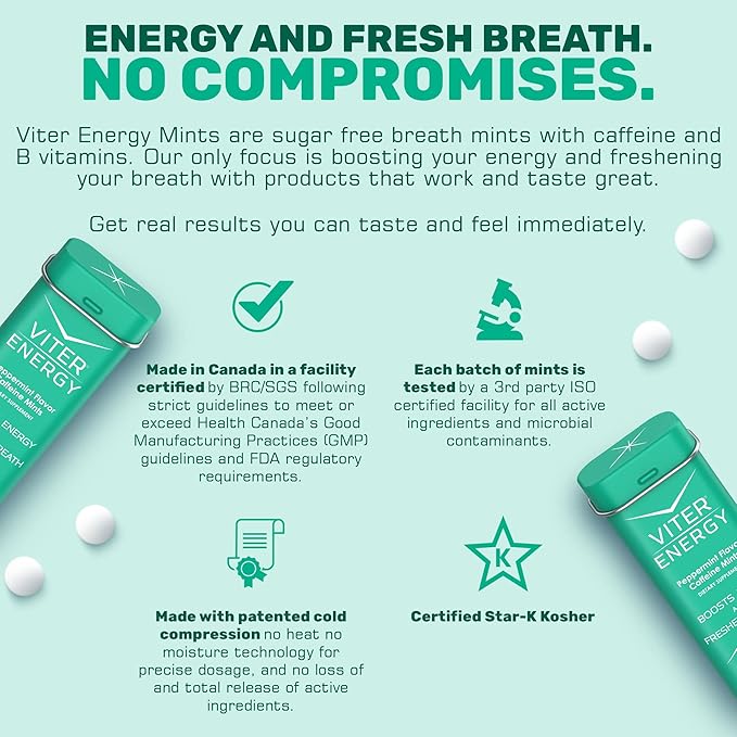Viter Energy 40mg Caffeine Mints - Sugar Free, B Vitamins, Vegan, Boosts Fast Energized Alert Focus, Caffeinated Nootropic Supplement Pills (Peppermint Flavor, 20pcs, 6 Pack, 120pcs Total)