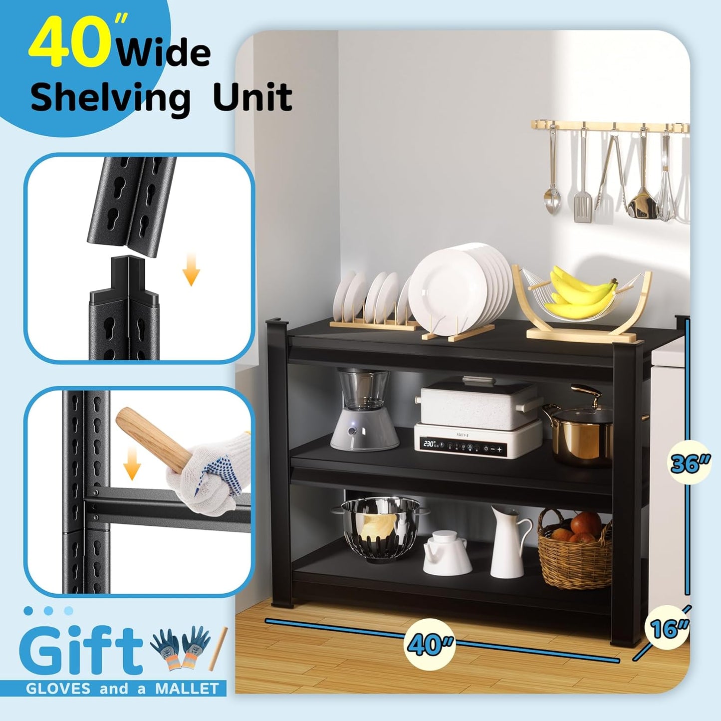 1350LBS Garage Storage Shelves Heavy Duty, 40" W x 16" D x 36" H,3-Tier Garage Shelving Heavy Duty, Industrial Metal Shelving Units for Basement,Fish Tank,Black