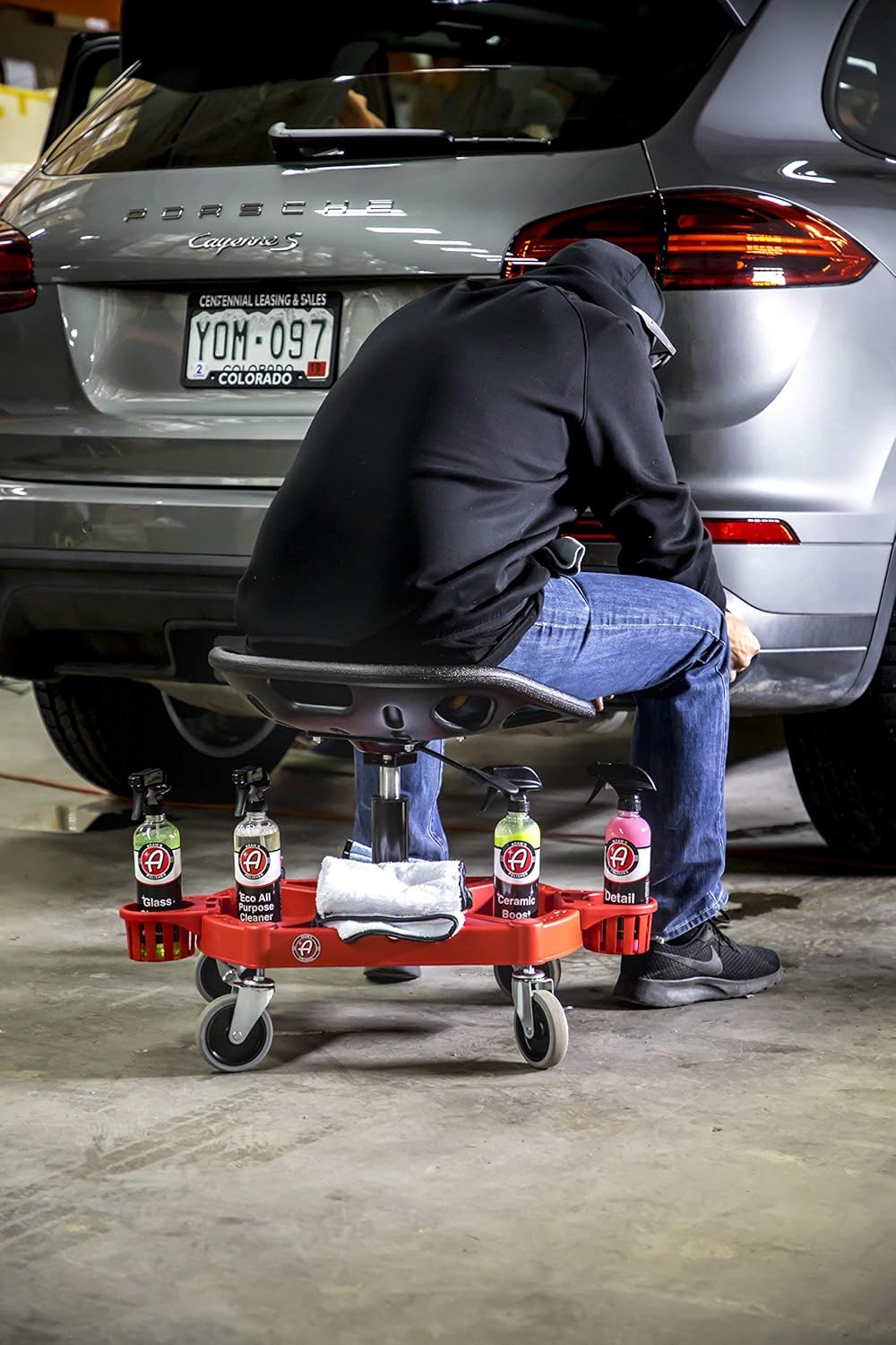 Adam's Polishes Pro Rolling Stool, Car Detailing Stool Chair, Shop Stool with Wheels, Garage Organizer, Tool Organizer Tray, Adjustable Height for Car Cleaning Buffer Polisher Ceramic Coating Car Wax