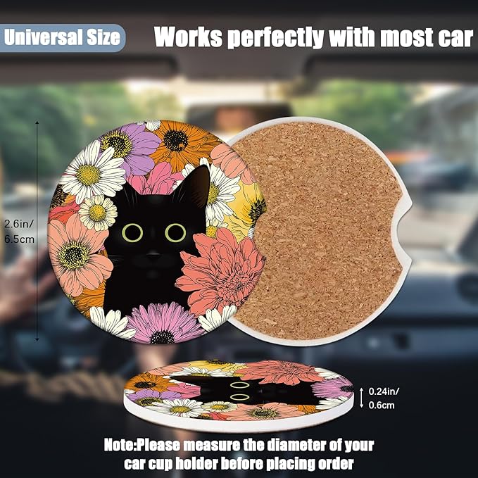 Car Cup Holder Coaster - Black Cat Flower Absorbent Ceramic Coaster 2 Pack, Car Coasters for Cup Holders, Fashion Car Interior Accessories Drink Coaster for Women & Men