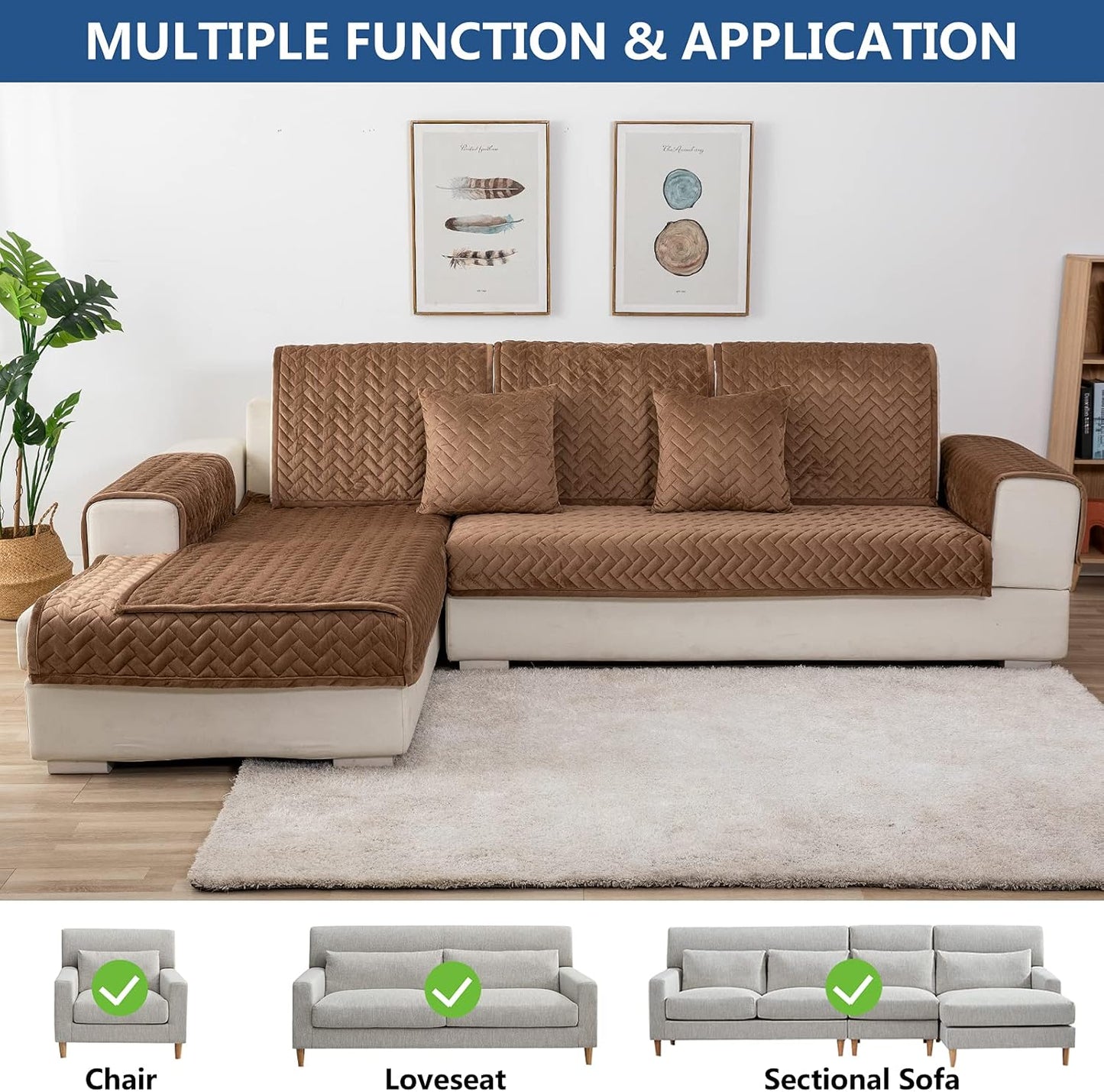 Eismodra Couch Cover,Sectional Couch Covers,Sofa Covers for 3 Cushion Couch,Anti-Slip Sofa Slipcovers for Dogs Cats Kids Loveseat Recliner L Shaped Armrest Backrest,Brown 36''x47''(Only 1 Piece)