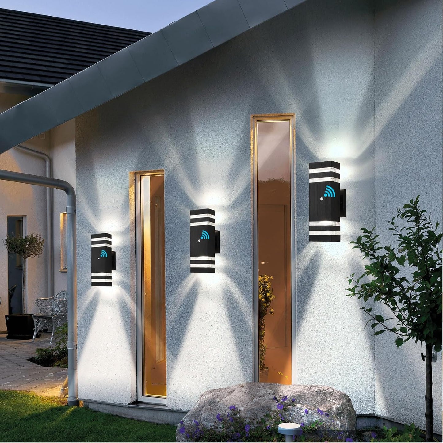 tewei 6 Pack Dusk to Dawn Outdoor Lighting, Modern Black Exterior Light Fixtures 2-Layer Up and Down Outside Wall Lights IP65 Waterproof Outdoor Sconces Lighting for Porch Garage, 3000K