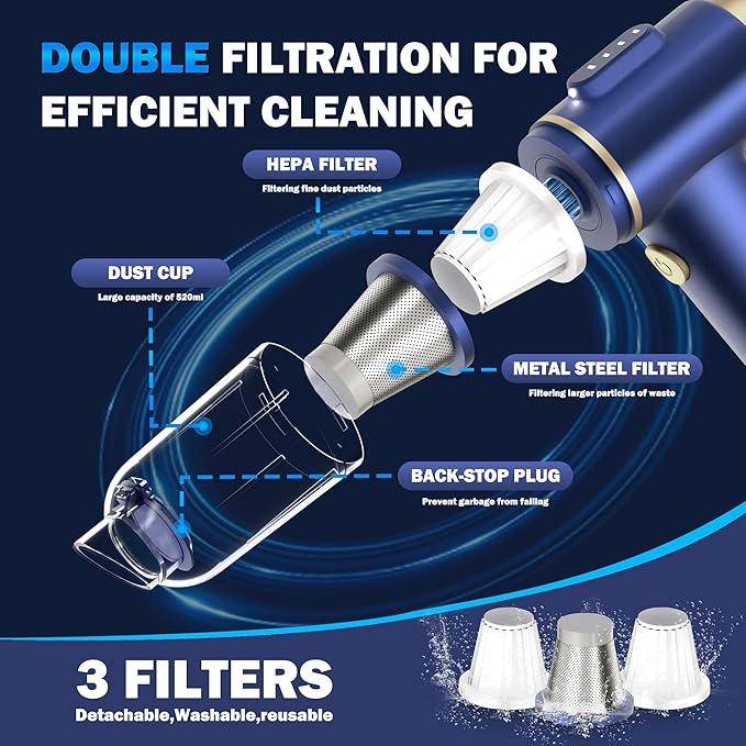 Handheld Car Vacuum Cleaner, 16000Pa Vacuum Cleaner and Air Duster, High Power Hand Held Vacuum with LED Light and Multi-Nozzles for Car,Home,Office,Pet(Blue)