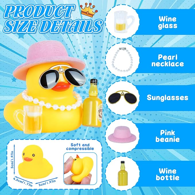 Funny Rubber Duck Car Dashboard Decor with Pink Hat, Pearl Necklace, Diamond Sunglasses, Beer Glass & Bottle - Squeaky Stress Reliever Accessory for Car Interior, Office Desk Decorations