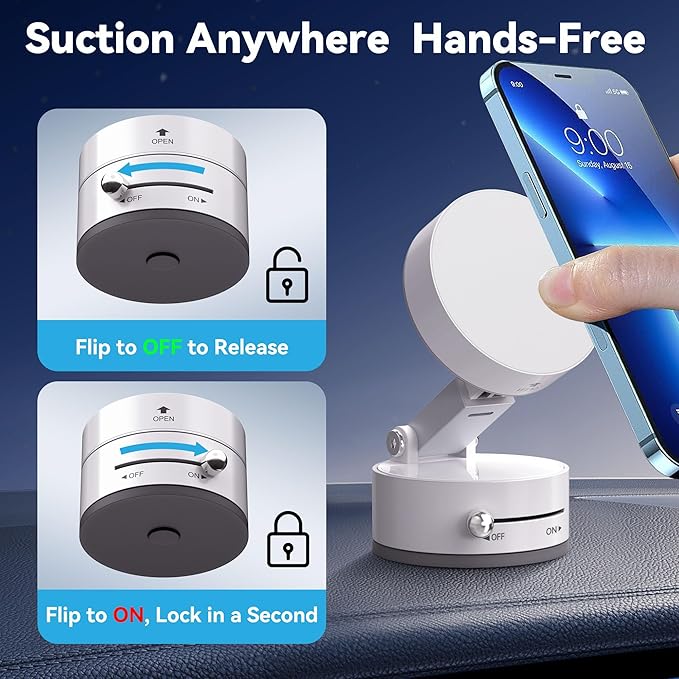 Magnetic Car Phone Mount - Ultra Strong Vacuum Suction Phone Holder for Dashboard/Windshield, Foldable 360° Adjustable Car Phone Mount Compatible with iPhone 16/15/14 & All Smartphones-817001C