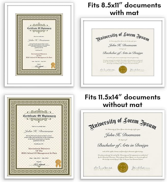 Americanflat 11.5x14 Diploma Frame with Shatter-Resistant Glass - Use as 8.5x11 Frame with Mat or Display 11.5x14 Document Without Mat - Legacy Collection - Certificate Frames for Wall - White