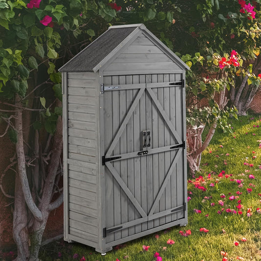39.56"x 22.04"x 68.89" Outdoor Storage Cabinet with Removable Shelves, Waterproof Roof, and Adjustable Feet - Fir Wood Garden Tool Shed for Yard, Patio, Deck, and Garage,Grey