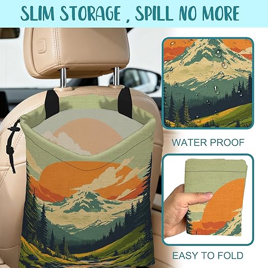 Car Garbage Bag Retro Orange Sun Mountain Hanging Canvas Car Trash Bag Waterproof Drawstring Car Back Seat Organizer for Car Back Front Seat Console with Adjustable Buckle
