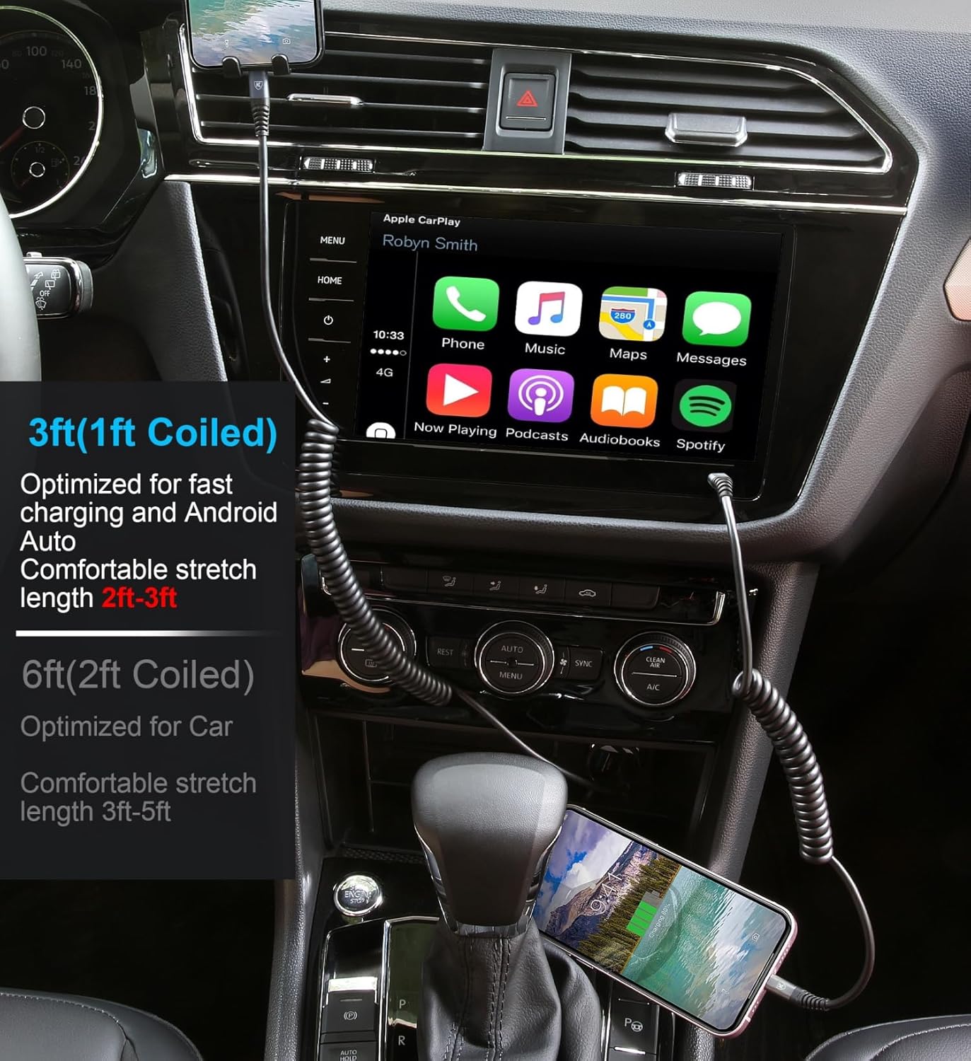 KIYODA USB Type C to Lightning Cable 3FT 2Pack, Coiled iPhone Charger Fast Charging for Car Short USBC Lightning iPhone Cord for iPhone14/13/12/11 Pro Max/iPad/CarPlay