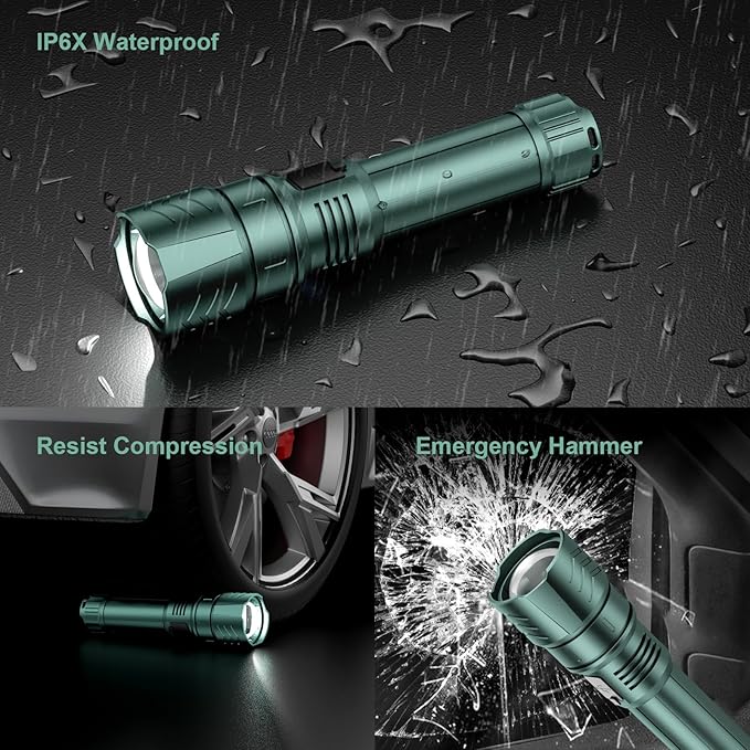 SKYFIRE LED Flashlight High Lumens,5000mAh Super Bright Rechargeable Flashlight,Zoomable,Four Modes,Waterproof Flash Light for Camping Essentials,Outdoor and Home Emergencies-Green