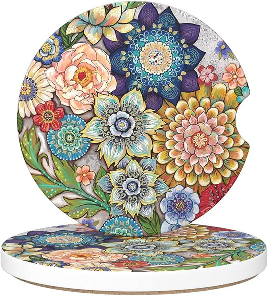 Car Cup Holder Coaster, Car Coasters for Cup Holders, 2 Pack Universal Anti Slip Insert Absorbent Ceramic Auto Interior Accessories with A Finger Notch & Cork Base, Mandala Flowers