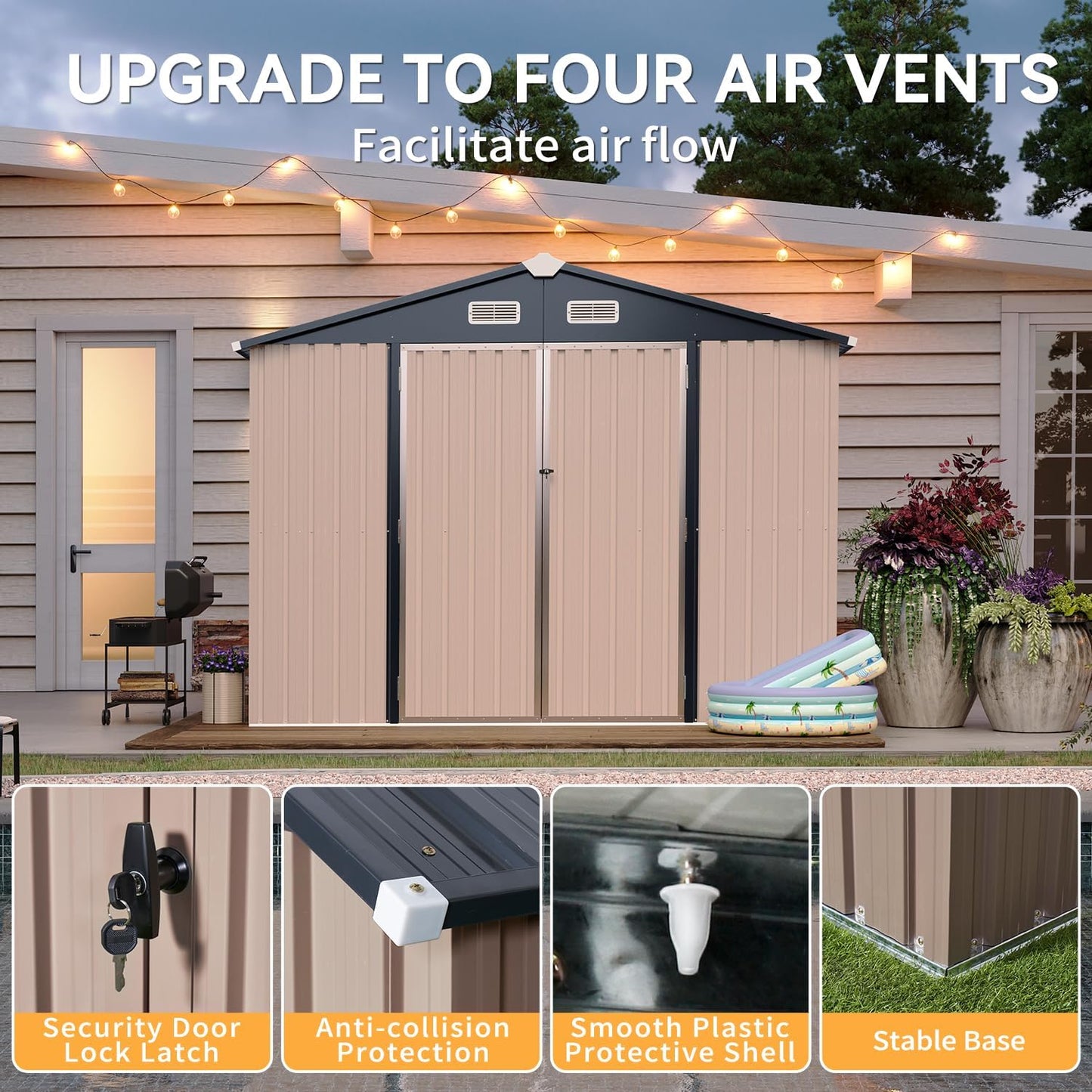 Aoxun 7x5 FT Outdoor Storage Shed with Floor Garden Metal Shed with Lockable Door Outdoor Large Shed for Tool, Garbage Can, Bike, Mower, Brown