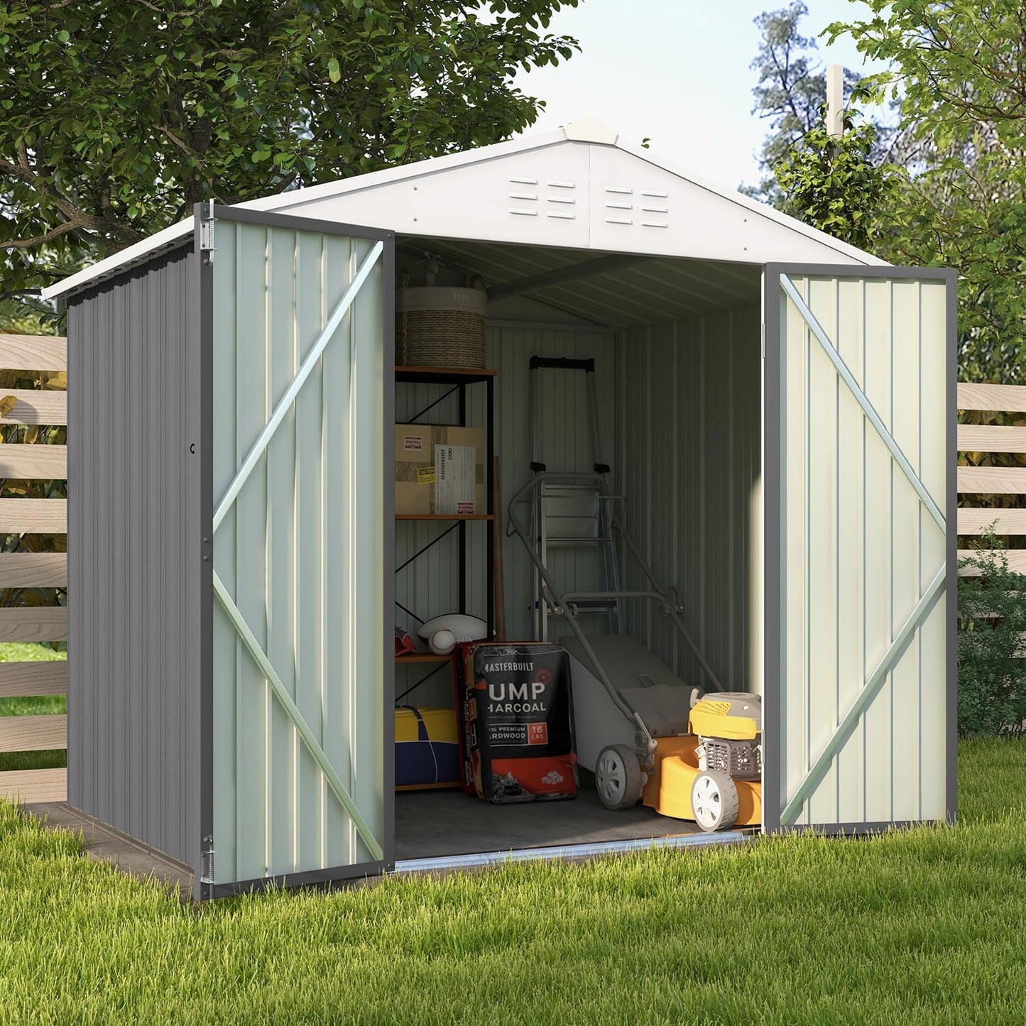 Patiowell 8x6 FT Outdoor Storage Shed, Garden Storage Shed with Sloping Roof and Double Lockable Door, Outdoor Shed for Backyard Garden Patio Lawn, Gray