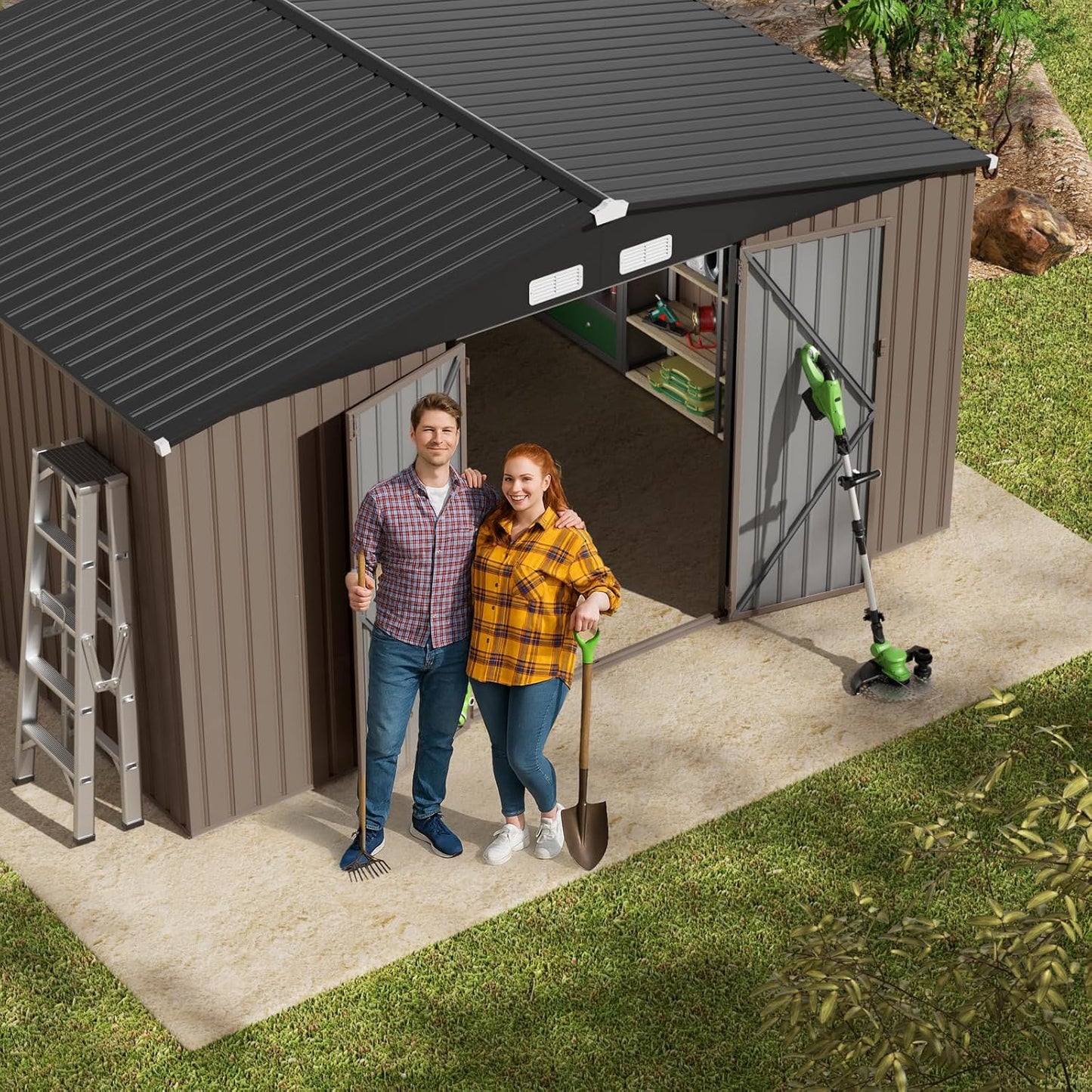 GVDV 10X12 FT Outdoor Storage Shed, Durable Metal Outside Storage for Garden, Patio and Backyard, Waterproof Shelter for Tools, Equipment