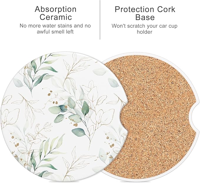 Car Cup Holder Coaster, Car Coasters for Cup Holders, 4 Pack Universal Anti Slip Insert Absorbent Ceramic Auto Interior Accessories with A Finger Notch & Cork Base, Leaves