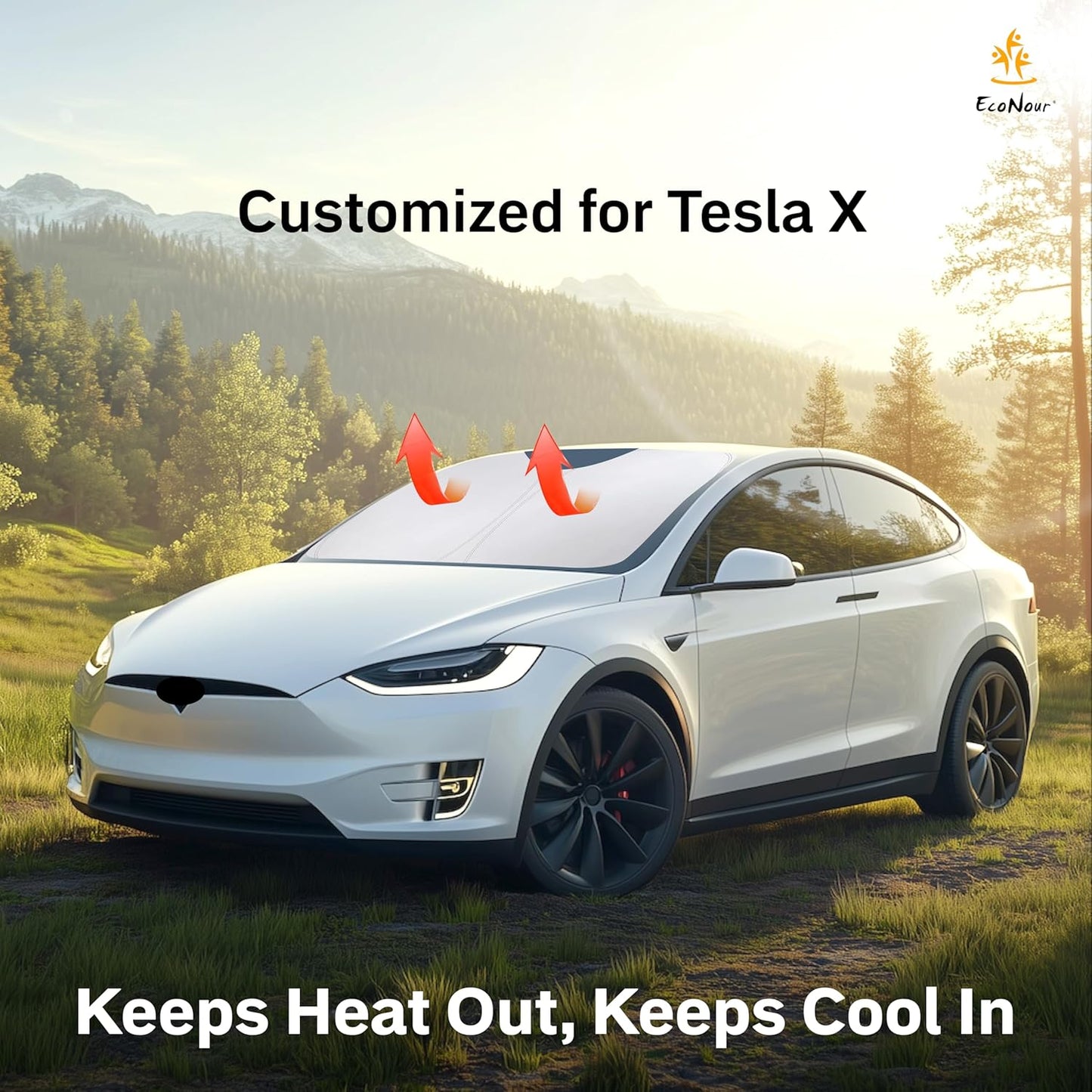 EcoNour Tesla Model X Windshield Sunshade (2016-2025) | Dual-Layer 210T Silver-Coated Material for Heat & Glare Protection | Foldable Front Window Shade | Interior Tesla Model X Accessory