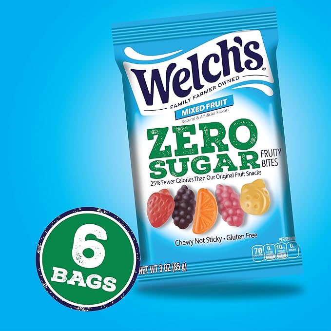 Welch's Zero Sugar Fruity Bites, Mixed Fruit Snack Box, Gluten Free & Sugar Free Snacks, 3oz Snack Packs (Pack of 6)