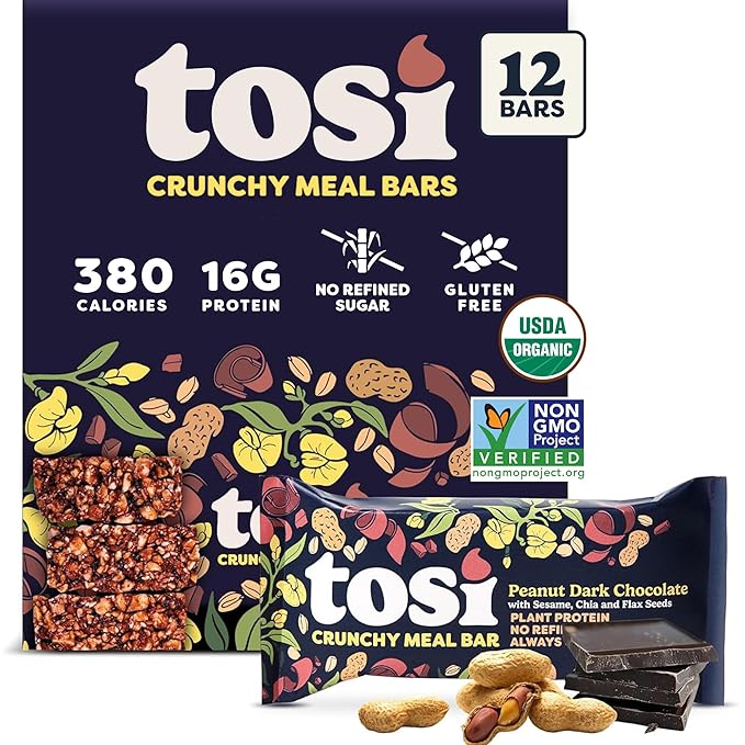 Tosi Peanut Dark Chocolate Meal Bars - 16g Plant Based Protein, Crunchy Nut & Seed Vegan Snack Bars, Gluten Free & Organic Healthy Snacks, Omega 3s, Flax & Chia Seeds, 2.4 oz, 12 Pack