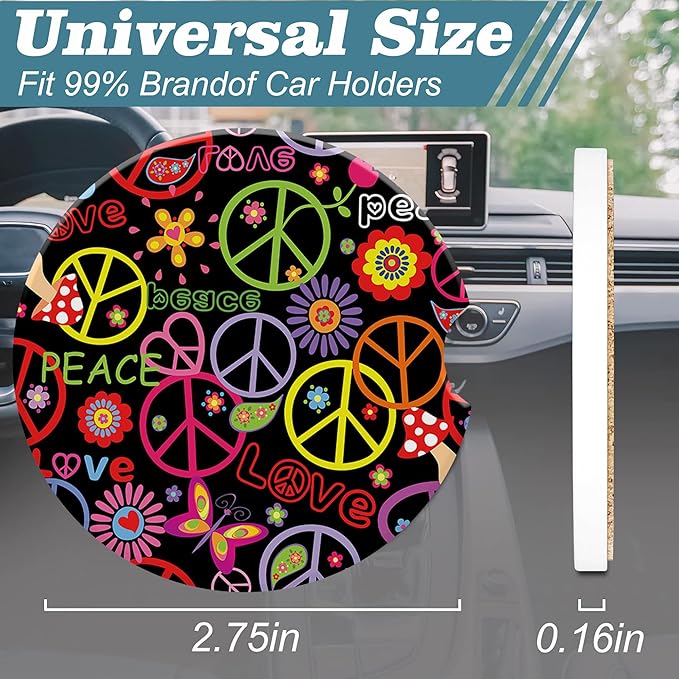 Childish Hippie Pattern Car Cup Holder Coaster, Car Coasters for Cup Holder, 2 Pack Peace and Love Symbol Anti-Slip Absorbent Ceramic Car Cup Coasters for Women Men with Finger Notch Cork Base 2.56"