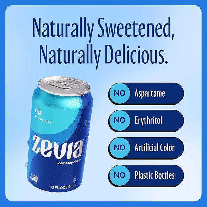 Zevia Zero Sugar Soda, Cola, 12 oz Cans (24-Pack) – Naturally Sweetened, Zero Calorie Sugar Free Soda - Non-GMO Project Verified, Gluten-Free, Vegan
