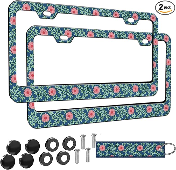 2pcs Pink Daisy Floral Blue License Plate Frame for Women, Daisies Flowers car Decorative tag Frames Girly,Green Leaves License Plate Cover Holder for Vehicle with Double Sided car Keychain tag