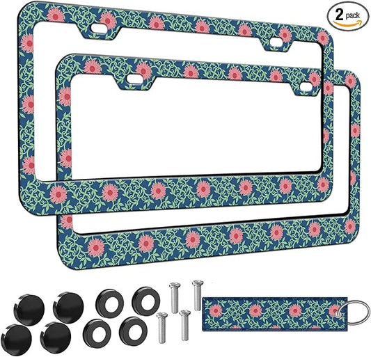 2pcs Pink Daisy Floral Blue License Plate Frame for Women, Daisies Flowers car Decorative tag Frames Girly,Green Leaves License Plate Cover Holder for Vehicle with Double Sided car Keychain tag