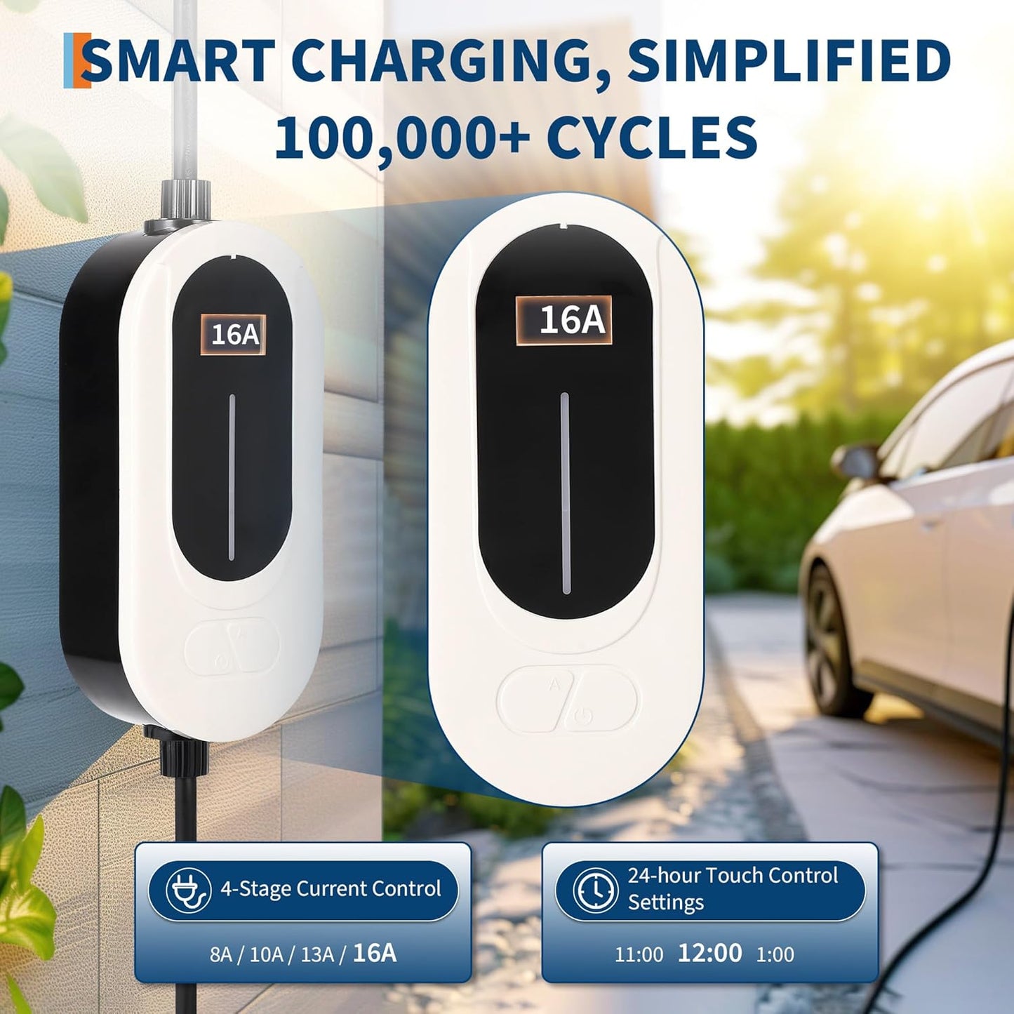 Level 1&2 EV Charger, 16A 110-240V Dual Voltage, NEMA 6-20 & 5-15 Plug, 25ft Cable, Adjustable Current/Delay Timer, SAE J1772 Listed Portable Electric Car Charger for Indoor/Outdoor Use