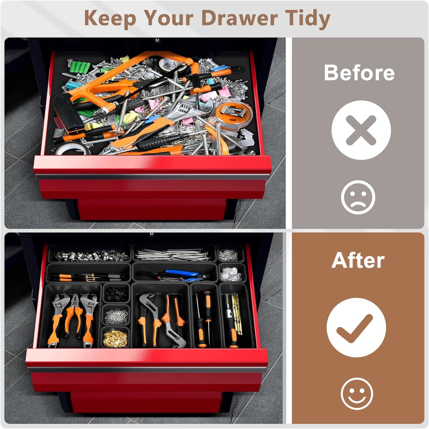A-LuGei 【42PCS】【Black】 Tool Box Organizer Tray Divider Set, Desk Drawer Organizer, Garage Organization and Storage Toolbox Accessories for Rolling Tool Chest Cart Cabinet Work Bench Small Parts