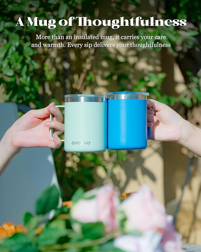 12oz Insulated Coffee Mug with Lid – Includes Two Lids, Stainless Steel Coffee Travel Mug with Handle, Double Wall Vacuum Insulated Camping Mug for Home, Office & Outdoor, Mint Green