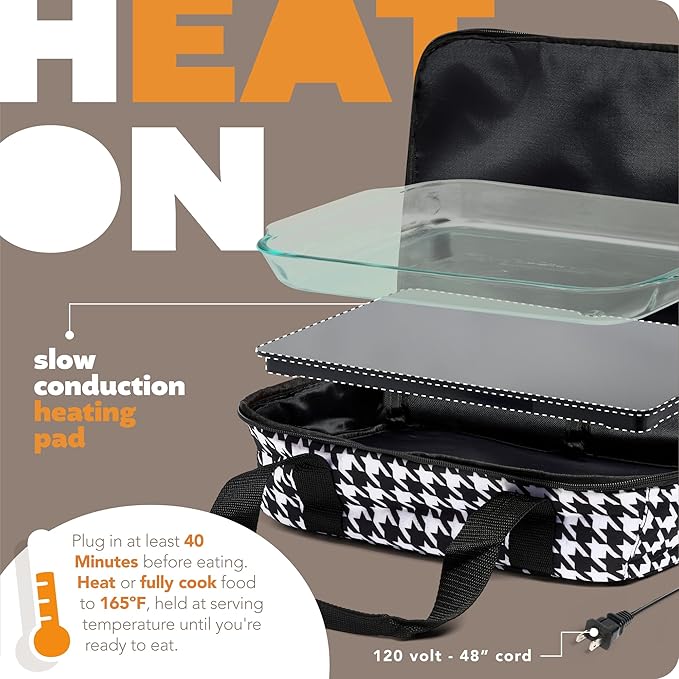 HOTLOGIC Max Large Portable Electric Food Heater - Innovative Food Warmer and Heated Lunch Box for Adults Car/Home - Easily Cook, Reheat, and Keep Your Food Warm - HOUNDSTOOTH - 120V