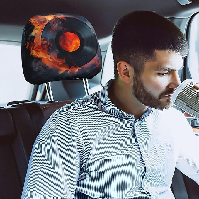 Dujiea 2 Pack Fire Record Music Lover Car Headrest Covers, Universal Soft Car Seat Head Rest Cover Protector, Vehicle Accessories Fabric Headrest Cover for Cars Vans Trucks