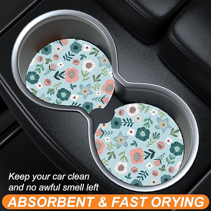 Vintage Floral Patterns Car Cup Holder Coaster, Car Coasters for Cup Holder, 2 Pack Cute Retro Flowers Anti-Slip Absorbent Ceramic Car Cup Coasters for Women Men with Finger Notch Cork Base 2.56"