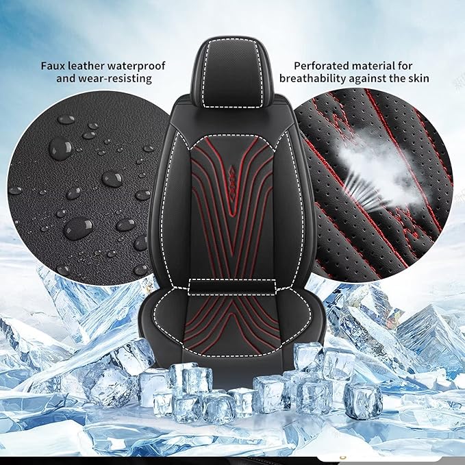 2 Front Car Seat Cover Fit for Nissan Frontier 2009-2024 2025 Faux Leather Seat Cover Cushion Protector Breathable Waterproof Compatible Airbag (2 Seats& Red Line)