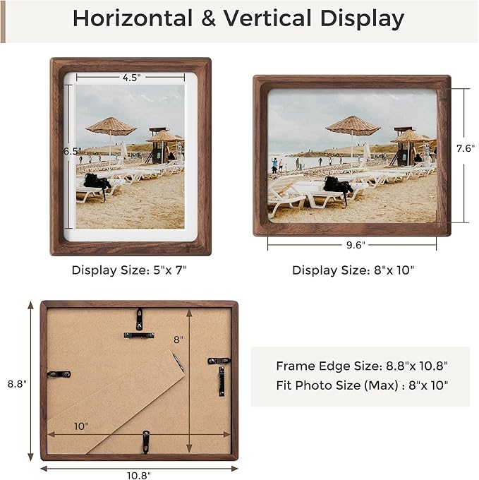Heimlove 8x10 Picture Frames Natural Walnut,Original Wood Hand Make Crafted Photo Frame with Mat to 5x7 Graduation Picture Display,Family Picture,Wedding Picture Tabletop & Wall Decoration