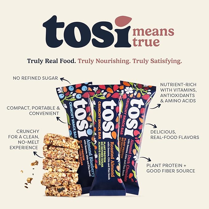 Tosi Almond Variety Pack Protein Bars, Plant Based with Nuts, Gluten-Free Crunchy Snacks, Vegan, Organic, Flax & Chia Seeds, Soy-Free, Omega 3s, 5G Protein, 1 oz, 12-Pack
