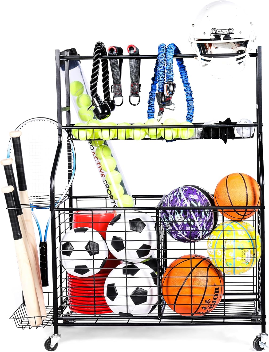 Sports Equipment Organizer - 29.6" W x 42.7" H - Rolling Garage Ball Storage Rack - Golf Bag Storage Stand & Other Sports Equipment & Toys - Indoor/Outdoor Stand - Removable Basket